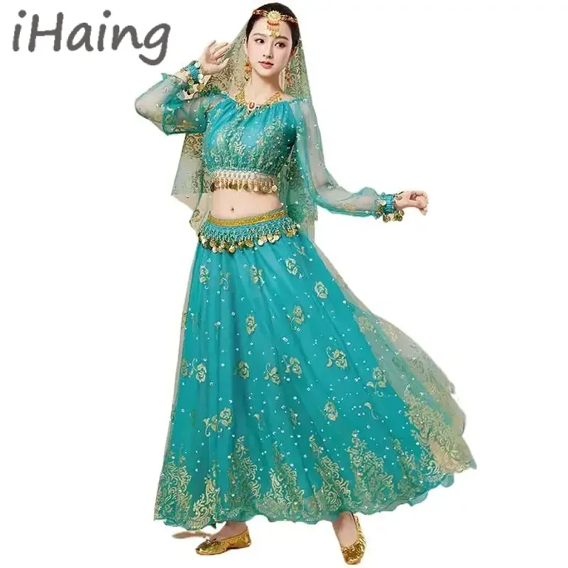 

Женский костюм арабской принцессы для танца живота, комплект для взрослых, индийский болливудский танцевальный костюм для косплея на Хэллоуин, необычный наряд жасмина