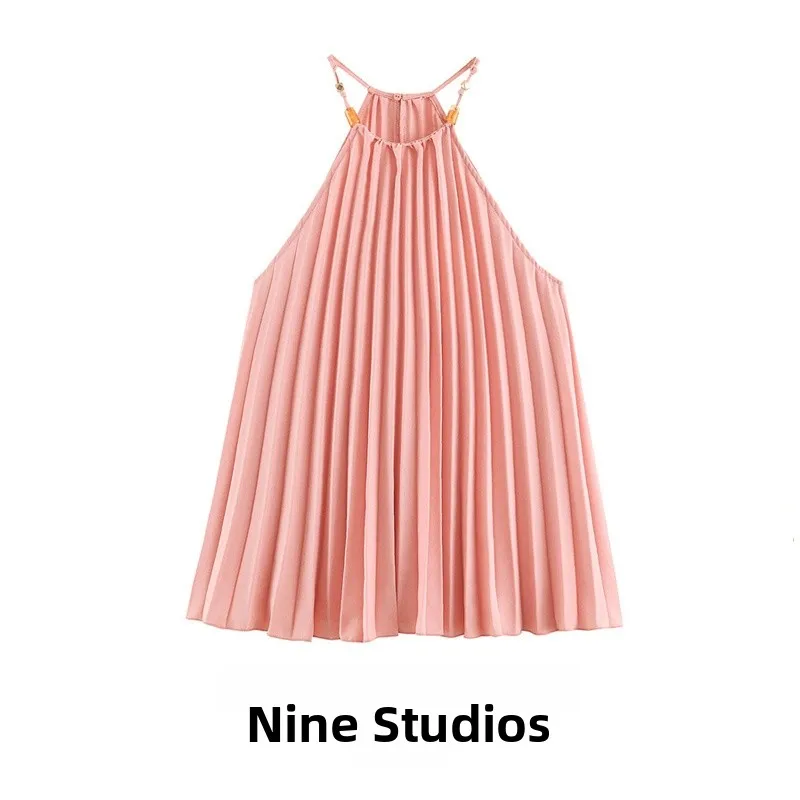 Vestido Versátil de Color Puro para Niñas, Modelo Nine Zar con Cuello Halter y Tirantes, Falda Corta, Versión H, Casual, Sin Mangas, Tela de Poliéster