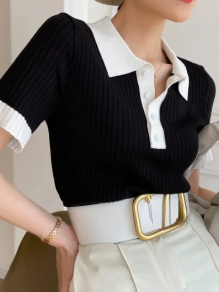 

Women's T-shirt T-shirt Slim Fit Polo Collar Knitted Ice Silk Knitting Elegant Crop Top Fashion Summer T-shirts for Women