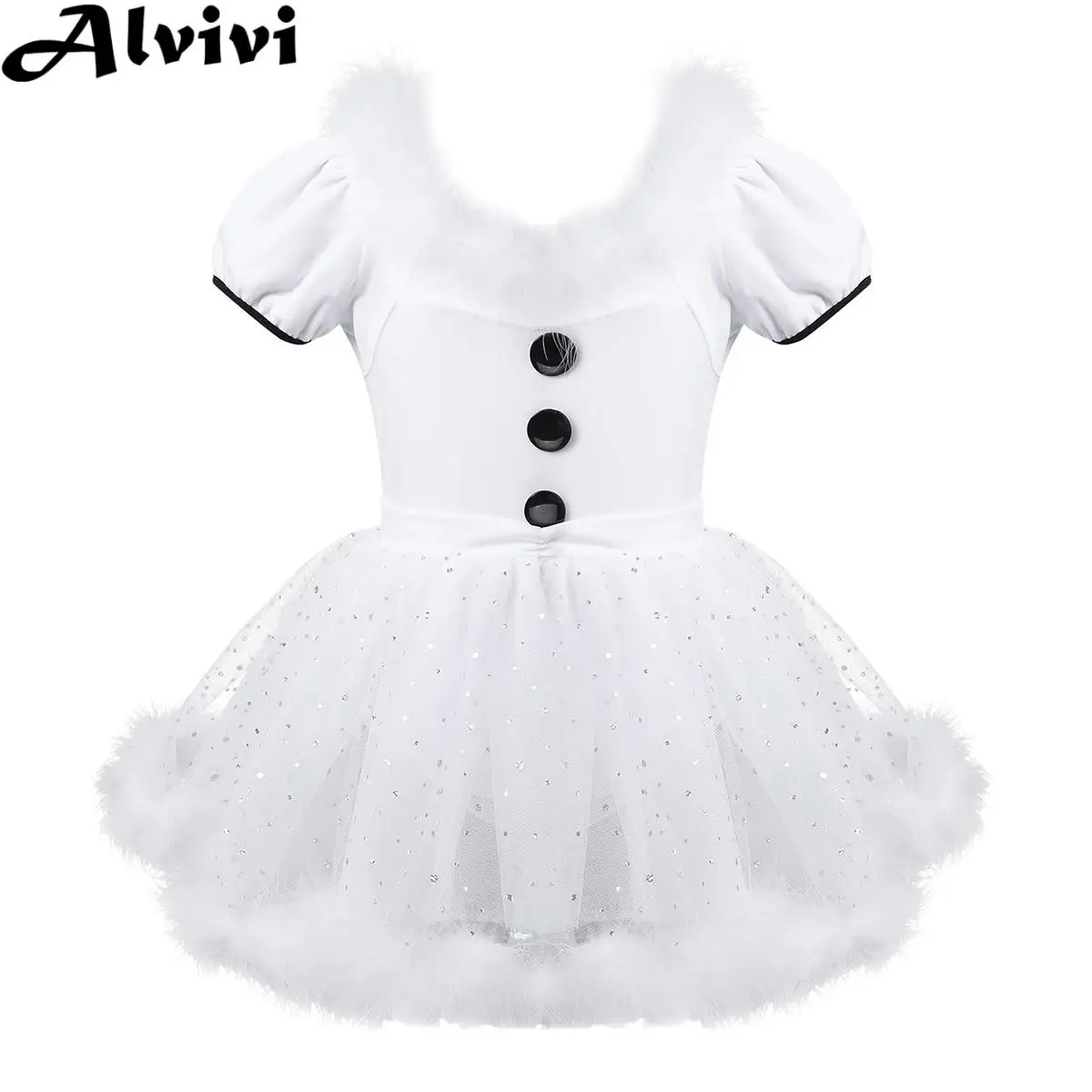 Children Girls Christmas Snowman Figure Skating Dress Short Sleeve Feather Shiny Mesh Leotard Tutu for Ballet Dance Gymnastics