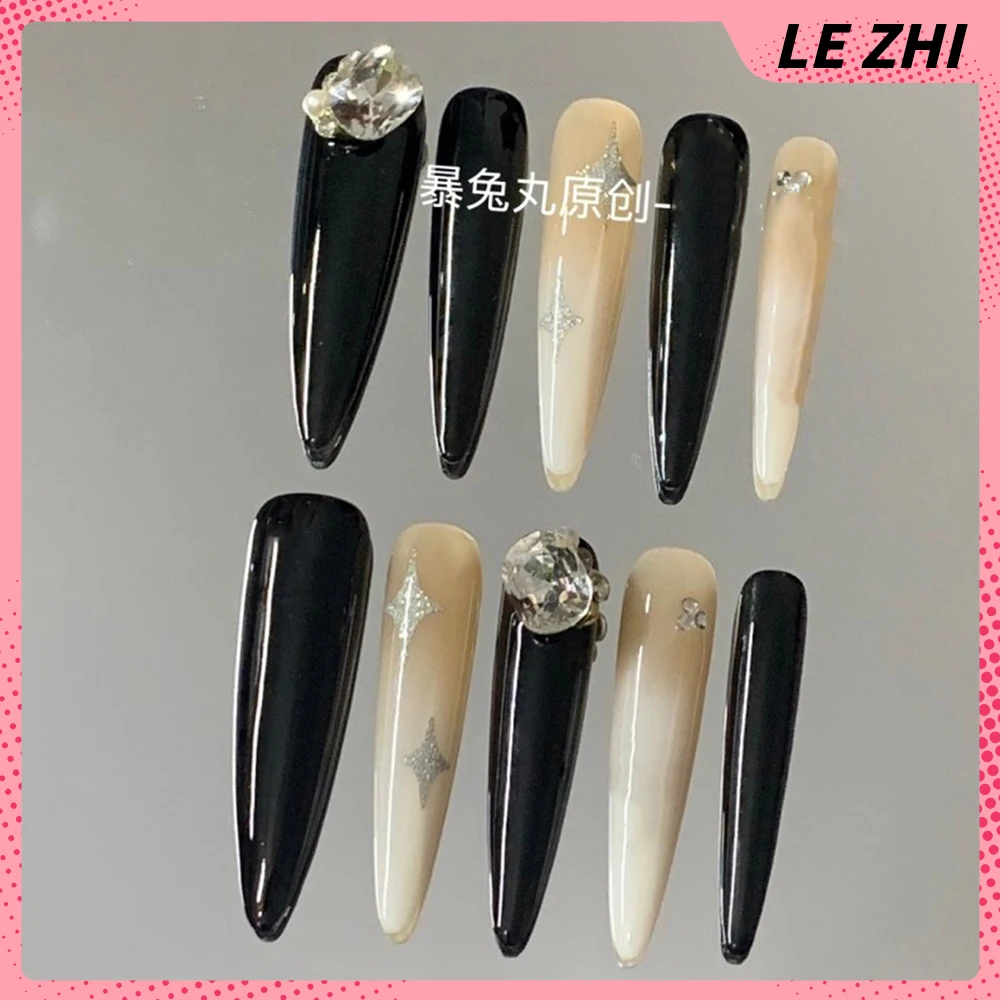 10Pcs Spicy Girl Long Coffin Handmade Press On Nails Rhinestone Flower Polka Point Musical Notes Bowknot Nail Party Sticker Gift - view 4