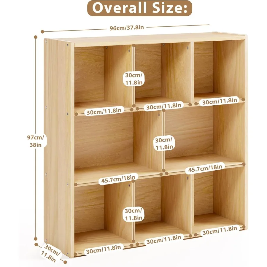 Organizzatori e contenitori per giocattoli con ripiani in legno massello Montessori a 3 livelli con 8 scomparti e 4 ruote, ideali per la sala giochi della stanza dei bambini