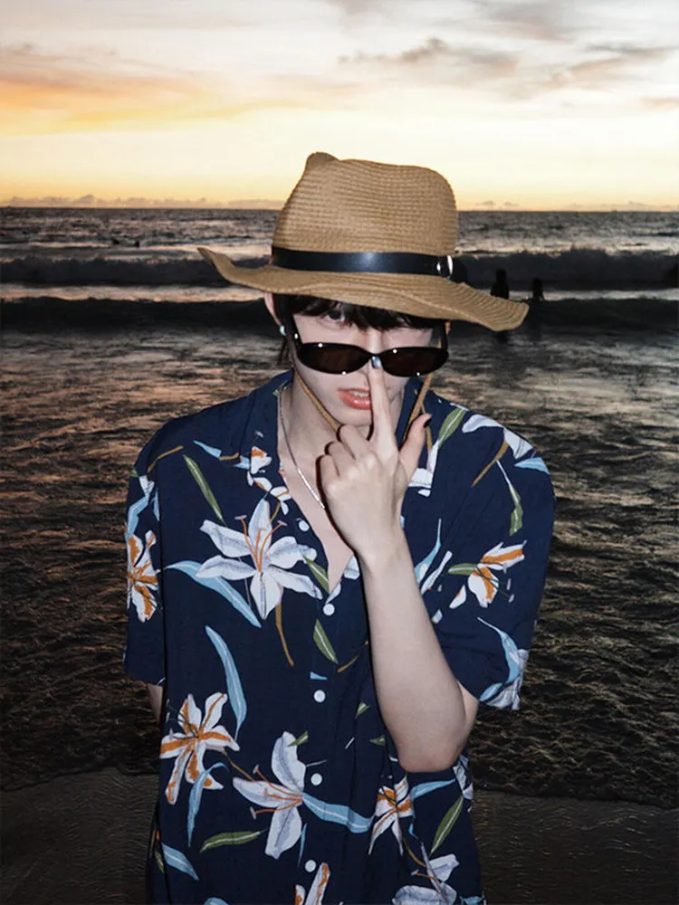 Hawaii Vacation Ice Silk Loose Short Sleeve Men's Shirt Summer Trendy Beach Casual Floral Print Breathable Lightweight Top