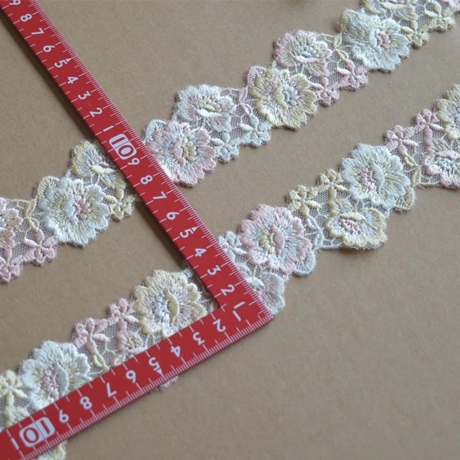 2Yds/Lot 4cm Wide Pink Yellow Gradient Gazue Fluorescent Flower Embroidery Lace Trim For Garments,Wedding Underwear Bra