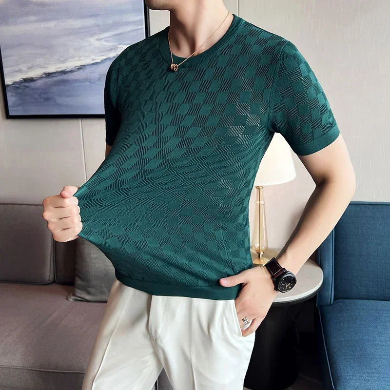 Men\'s Short Sleeve T-shirt 2023 Summer Thin High Elastic Slim Fit Knit Tee Shirts Tops O Neck  Solid Casual Fashion Men Clothing