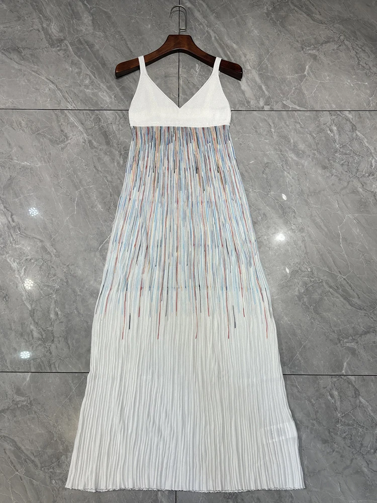 Summer Fashion Party Elegant Spaghetti Strap Slim Long Dress Women's Deep V-Neck Patchwork High Waist Gold Thread A-Line Dresses