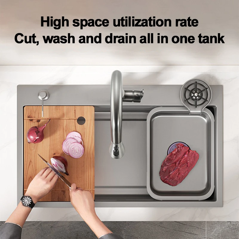 حوض مطبخ سميك 304 من الفولاذ المقاوم للصدأ مطلي بالنانو سعة كبيرة حوض واحد مقاوم للاهتراء خزان رمادي #3