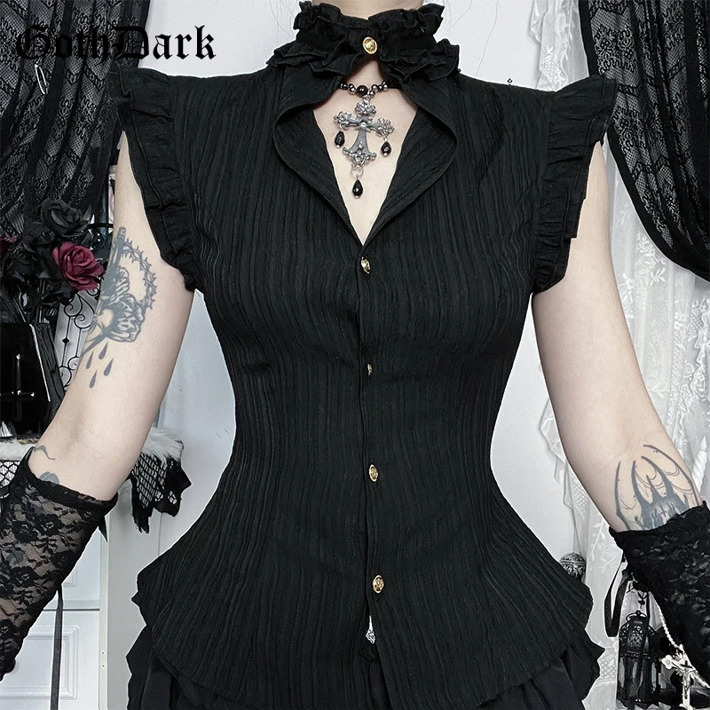 

Goth Dark 90s Grunge Single Breasted Slim Wasit Shirt Blouses Women Alt Teachwear Mall Gothic Stringy Selvedge Sleeveless Shirts