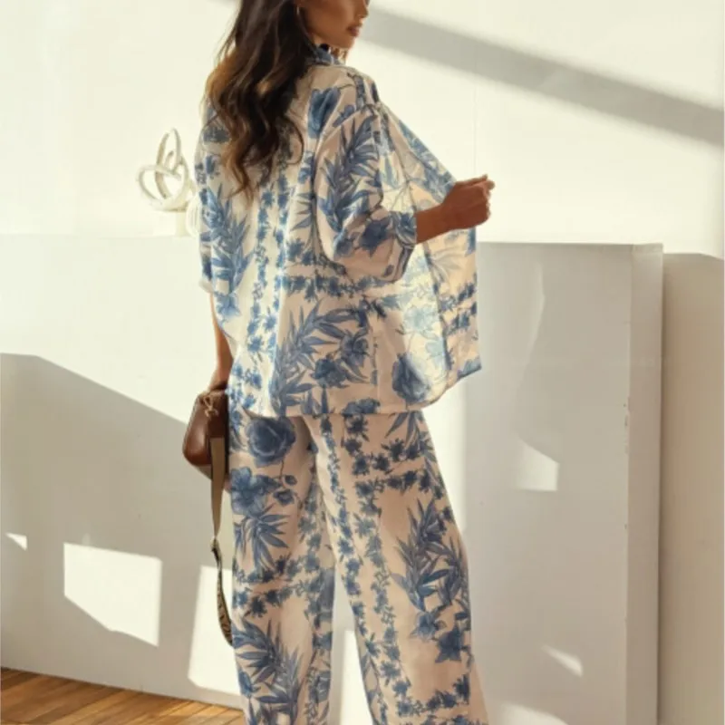 Fashion Printed Women Clothing Casual Seven Quarter Sleeve+wide Leg Pants Two-piece Set Autumn Cardigan Casual Pocket Pants Set