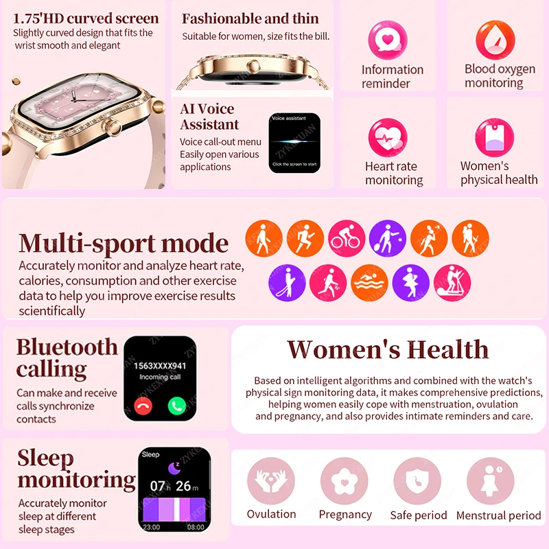 AMOLED Screen Smart Watch Heart Rate Blood Oxygen Fashion Women's Bracelet 2024 Bluetooth Call Smart Watch Women for Android IOS