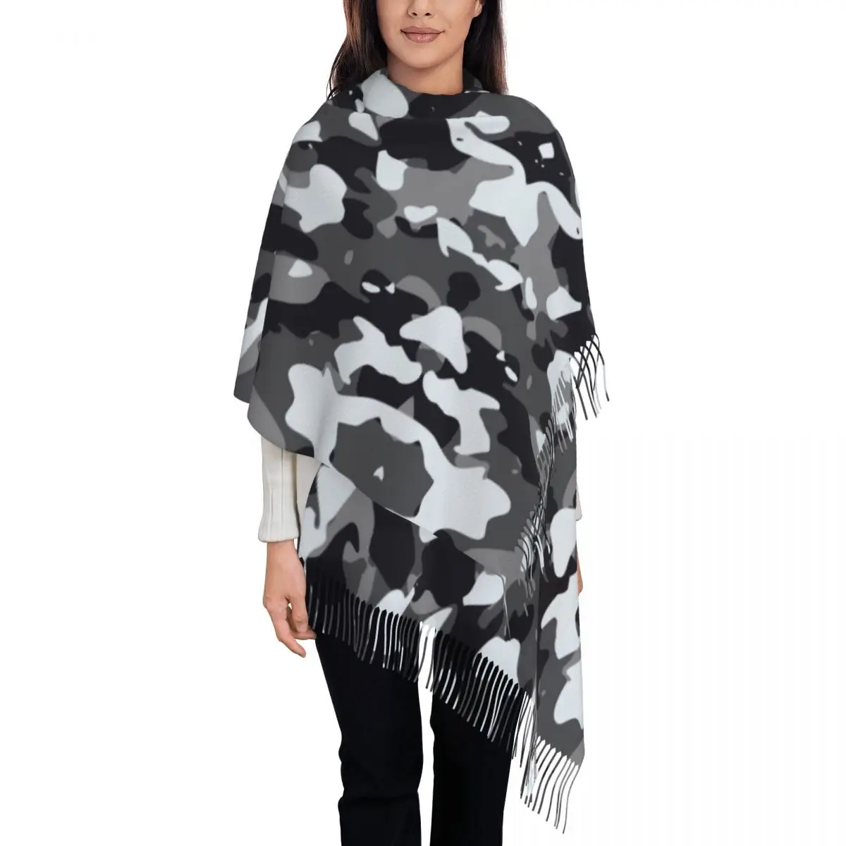 

Стильный черный современный камуфляжный шарф с кисточками в стиле милитари, женские зимне-осенние теплые шали, женские шарфы