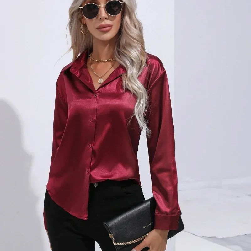 DAYIFUN Elegant Lady Satin Imitation Silk Long Sleeve Shirts Autumn/Winter Solid Office Lady Lapel Button Blouses Women Clothing