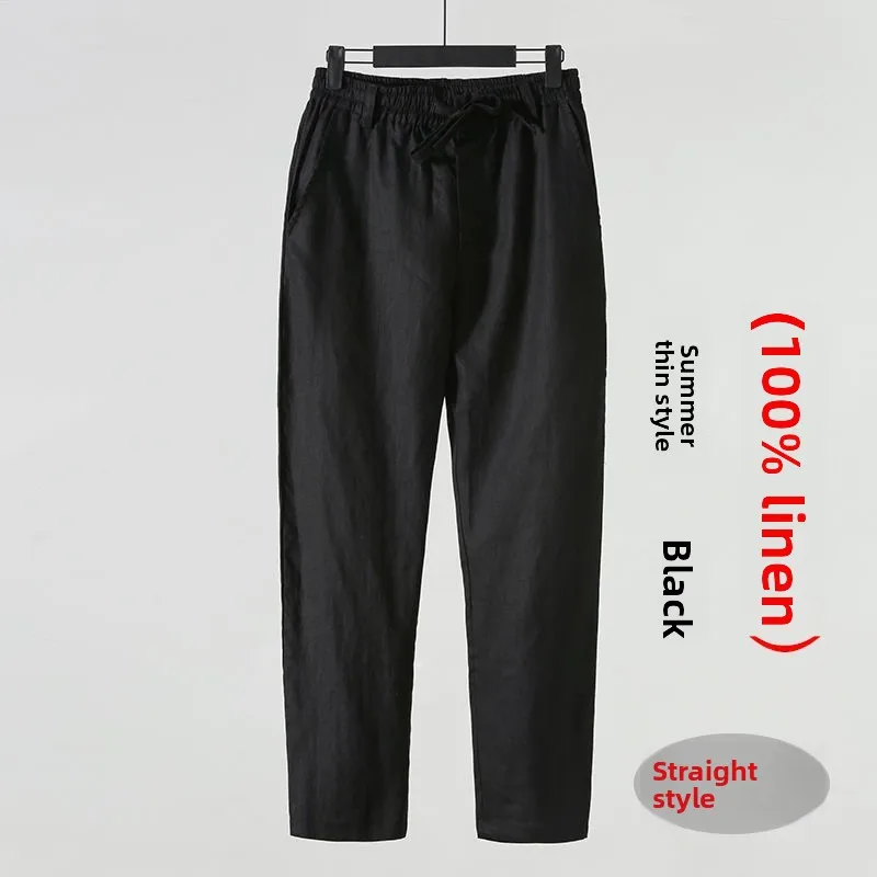 Pantaloni casual larghi da uomo in lino estivo Pantaloni casual in lino di cotone sottile a nove collant comodi e traspiranti giovanili