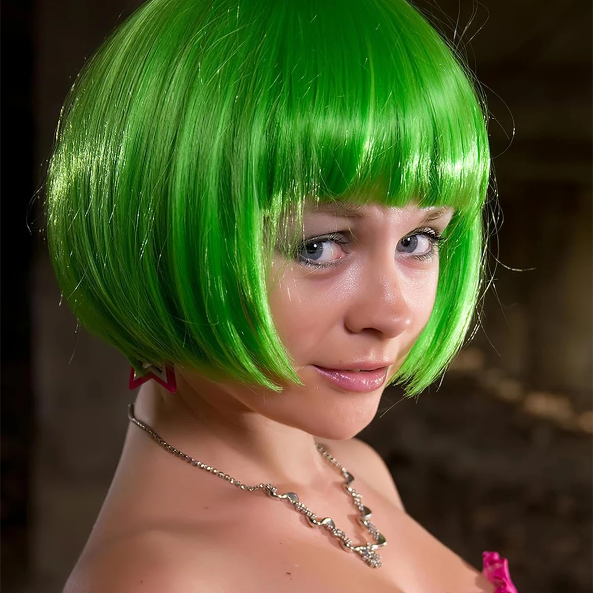 12 インチ/30 センチメートル ファッション レディース ショート ストレート フラット バングス ボブ 合成ウィッグ (グリーン)