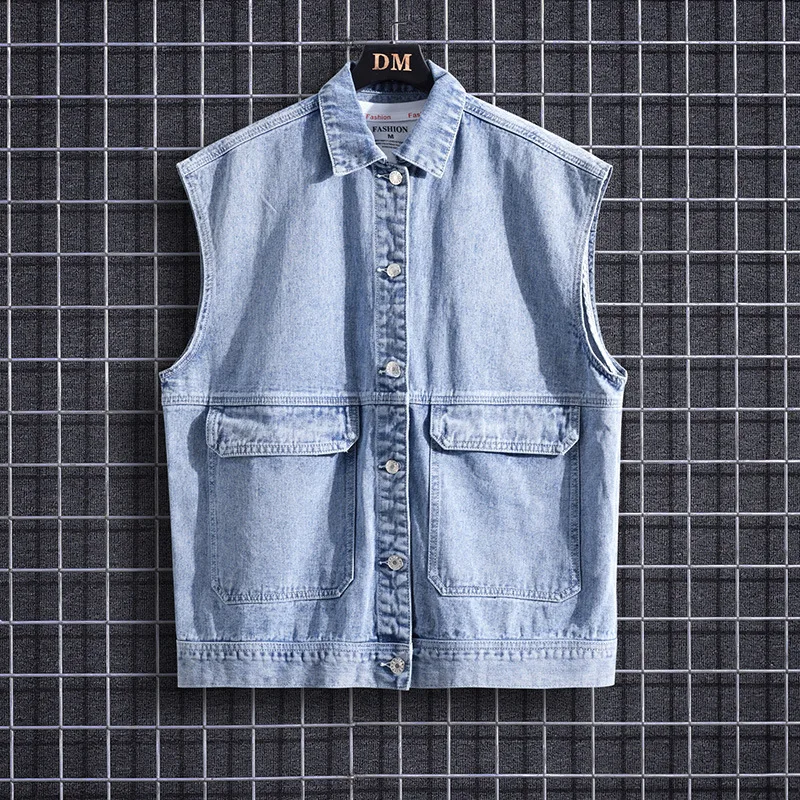 

2023 Men's Autumn Light Blue Denim Vest Youth Slim-Fitting Workwear Denim Vest