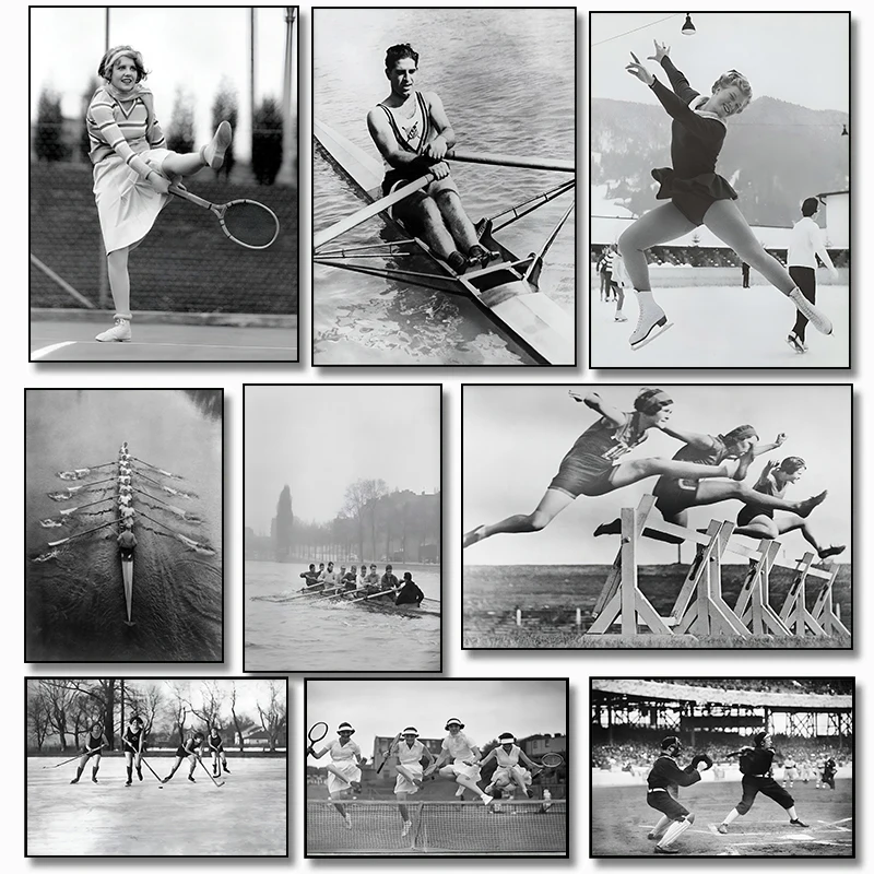 Black White Retro Sports Posters Baseball Tennis Ice Skating Hurdles Race Prints Canvas Printing Wall Art Picture for Home Decor