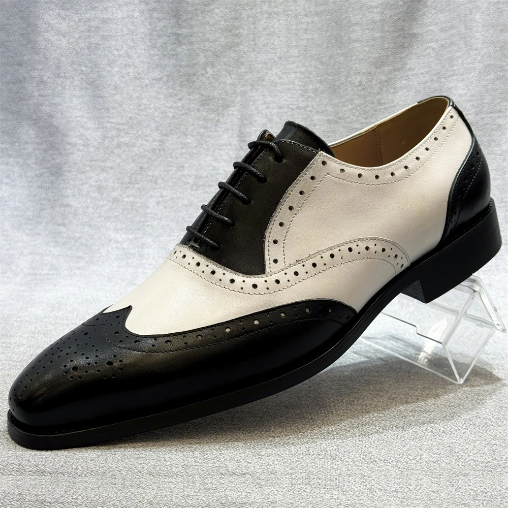Men's Black And White Mixed Color Genuine Leather Formal Shoes Vintage Business Brogue Casual Oxford Footwear