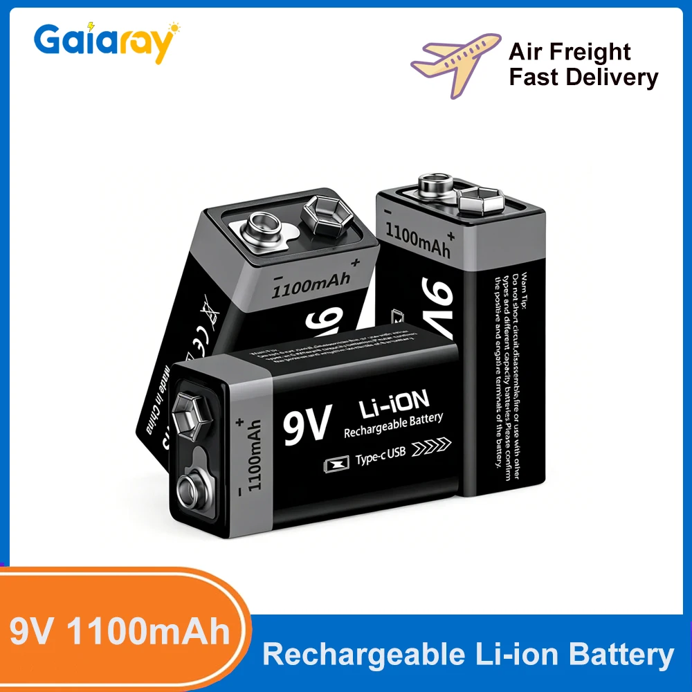Gaiaray 9V 1100mAh Rechargeable Battery USB Type-C Charging 6F22 9V Li-ion Battery for RC Helicopeter Model Multimeter Toy