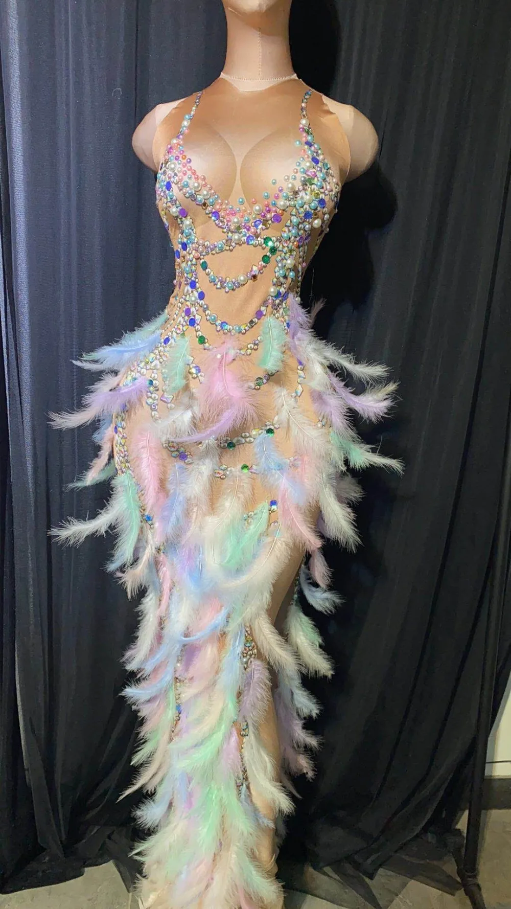 

Women Rhinestone Wedding Party Feather Dress Crystal Birthday Celebration Sexy Drag Queen Outfit