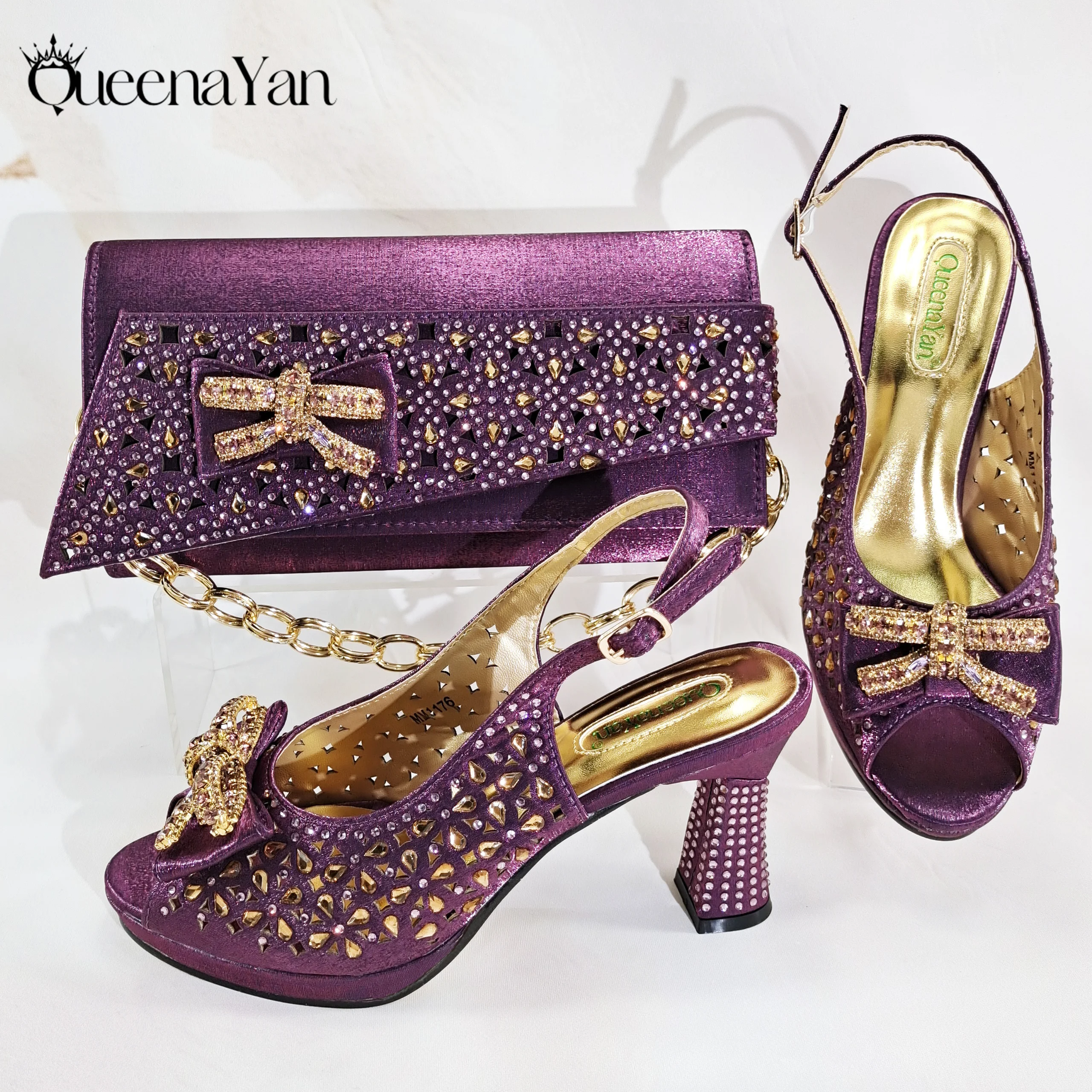 

Queena Yan Party Wedding Purple Openwork detailing Stylish Peep Toe Design High Heels and Bag Set Decorated With Rhinestone