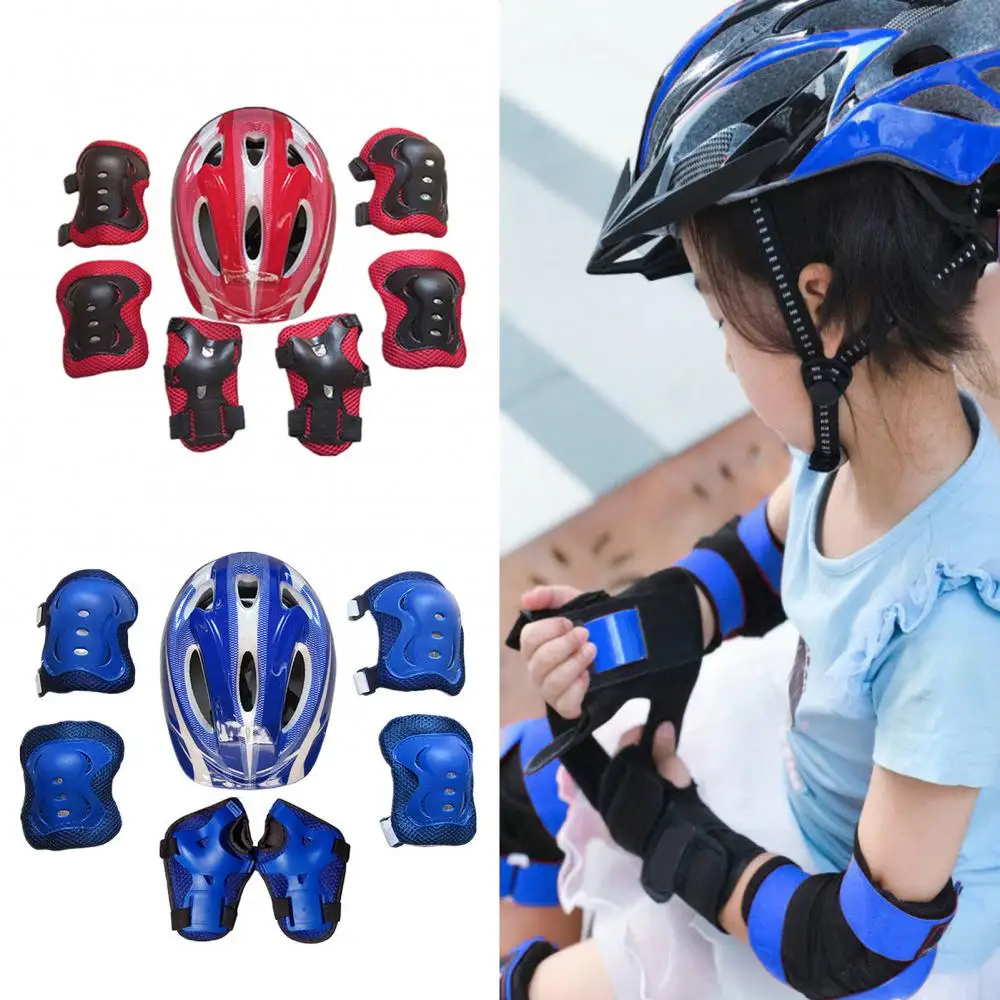 7pcs Children Skating Protector Set Comfortable Shockproof Bike Safety Helmet Knee Elbow Wrist Guard Pad Set for 4-16 Kids