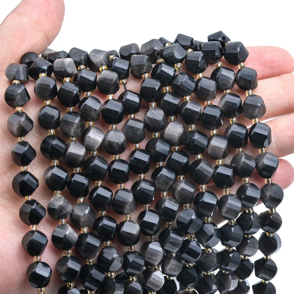 Natural Stone Beads Faceted Silvery Obsidian Loose Spacer Beads 6/8/10mm For DIY Jewelry Making Bracelets Necklaces Accessories