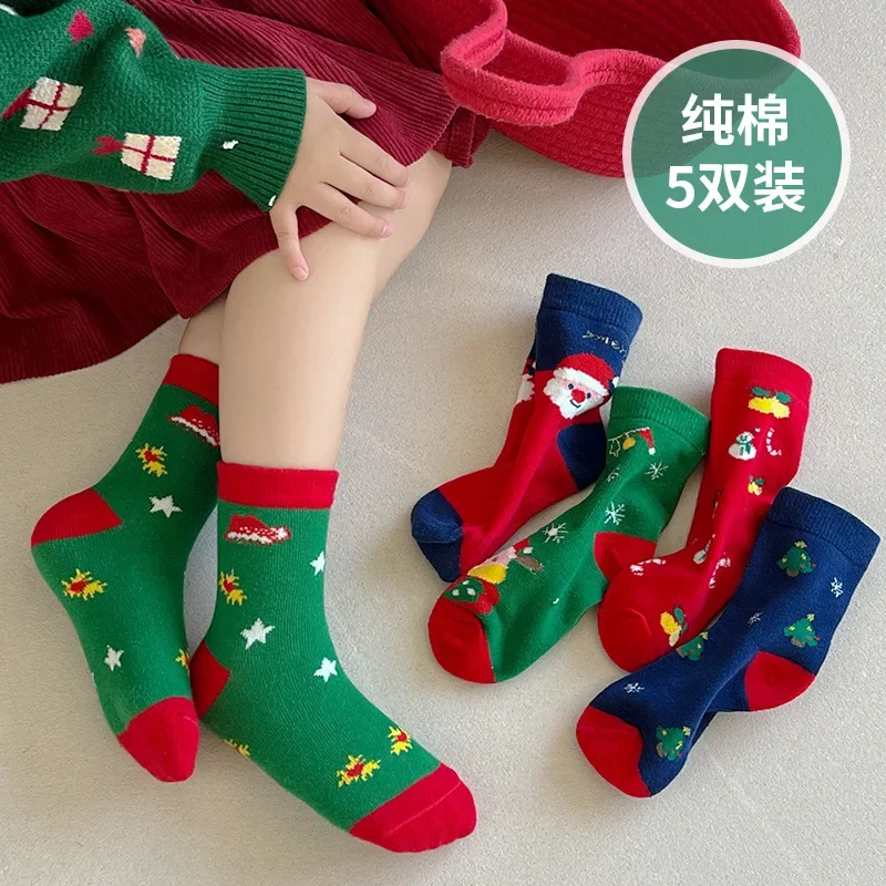 5 Pair Cotton Children Christmas Socks Elk Santa Claus Cartoon Hosiery Cloth Accessories Snowman Mid-Tube Socks Christmas Gift