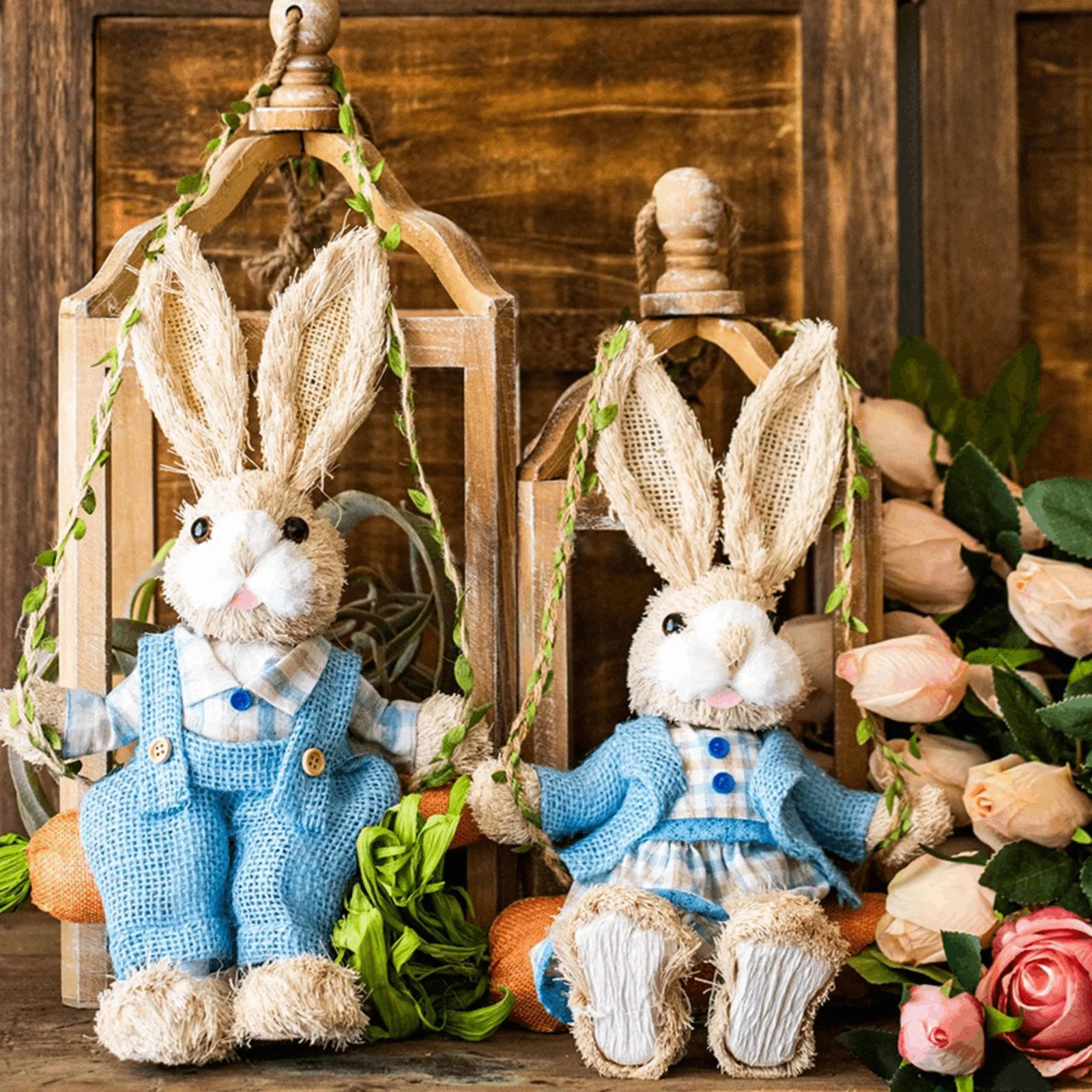 Easter Bunny Pendant Swing Bunny Figurine Hanging Rustic Swing Rabbit Hanging Ornament for Bedroom Office Ornament