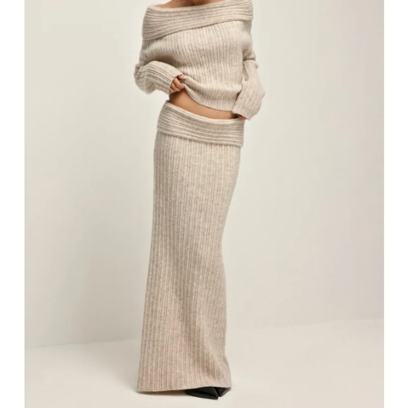 

Элегантные вязаные комплекты из 2 предметов для женщин, зима-осень 2022, свитер с открытыми плечами, пуловер, тонкая длинная юбка, костюмы для вечеринок, теплая женская одежда