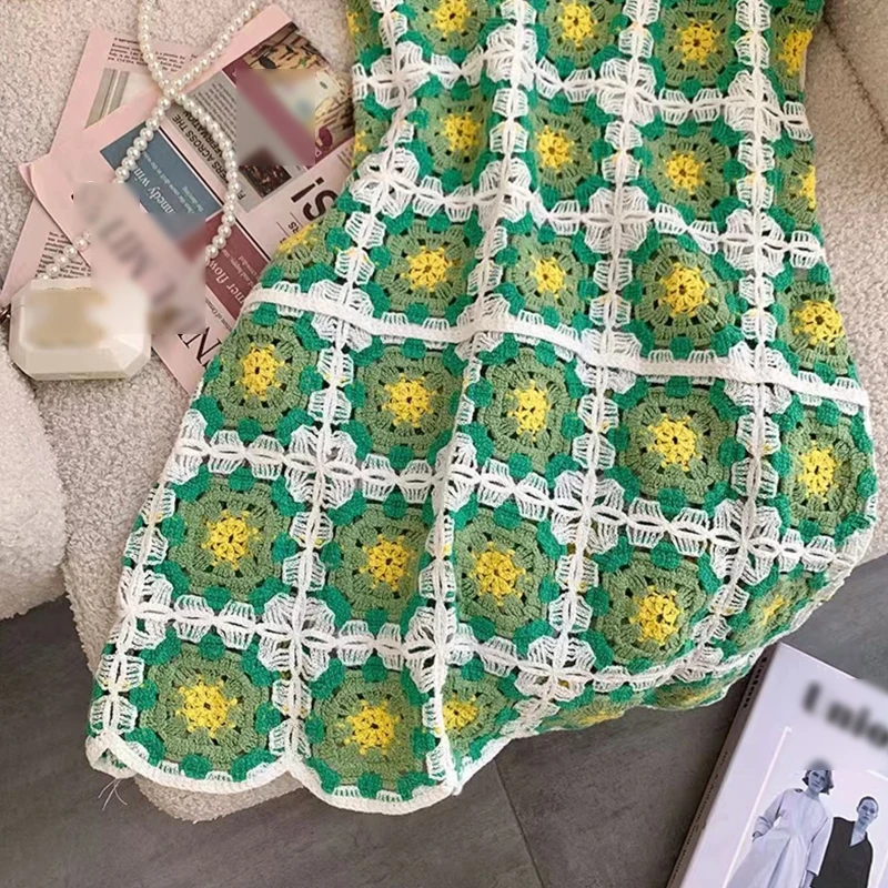 Women Summer Crochet Sleeveless Sexy V-Neck Backless Fit Cami Dress Hollow Out Knitted Diamond Plaid A-Line Beach Cover Up