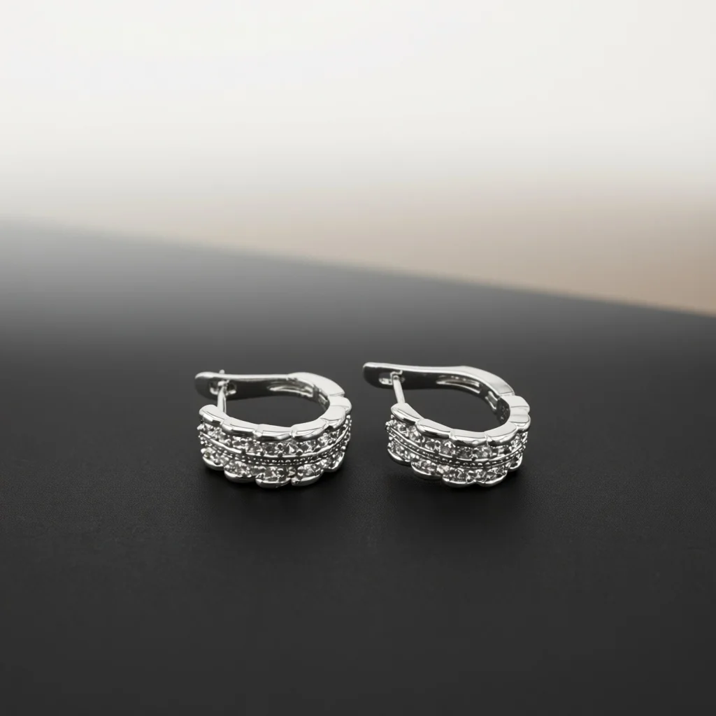 Silver Tone Wavy Scalloped Double‑Row Pave Zircon Huggie Hoop Earrings for Women, Snap‑On Ear Clips, Elegant Daily Fashion Ear
