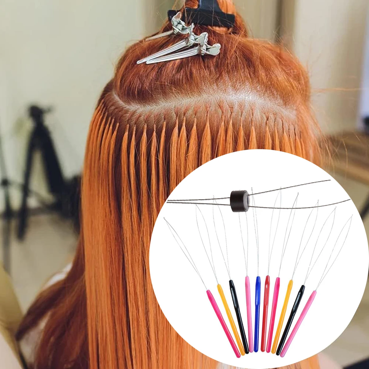 5Pcs Plastic Handle Loop Pulling Needle Micro Ring Hair Extensions Threader Beader Wig Crochet Tool Supplies Random Color