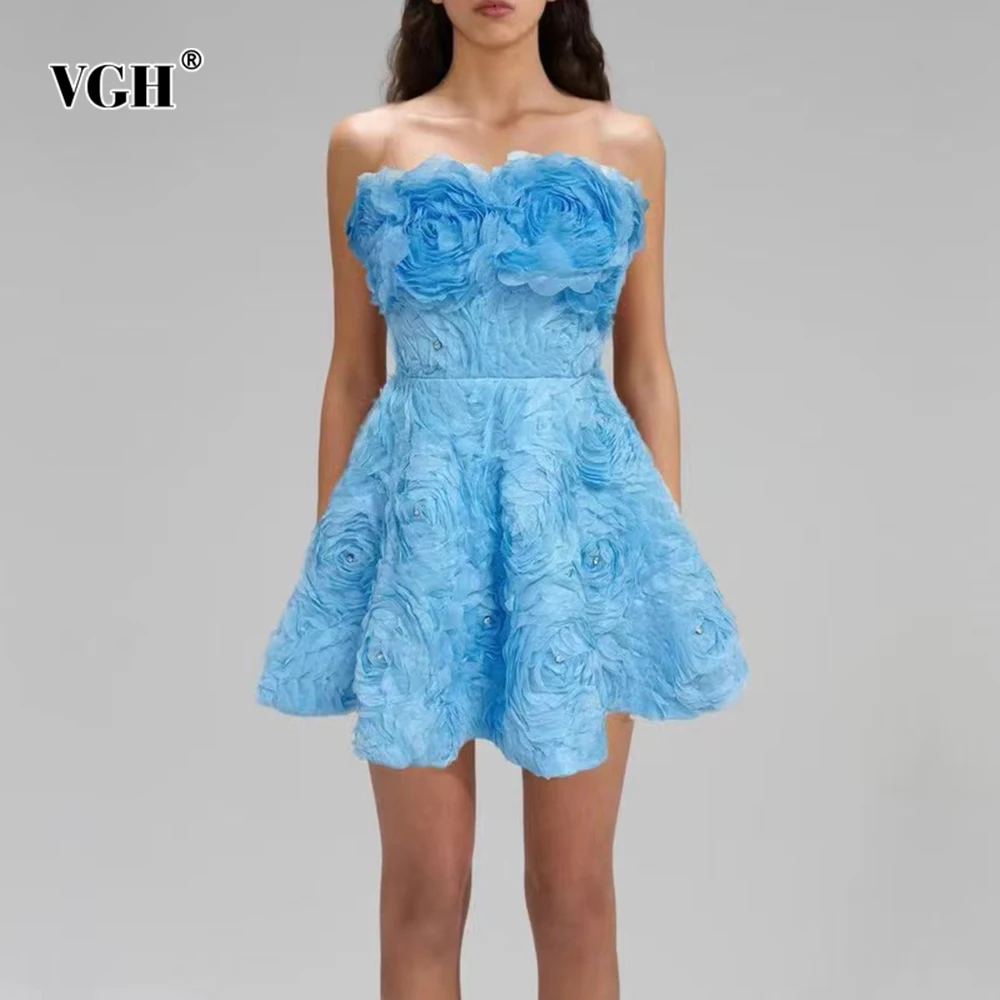 

VGH Sexy Spliced Diamonds Party Dresses for Women Strapless Sleeveless High Waist Patchwork Appliques Backless Ball Gown Female