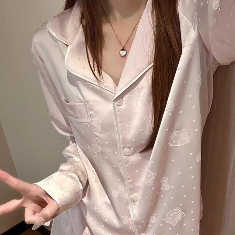 

Новый пижамный комплект Sanrio Hello Kitty из ледяного шелка для женщин: домашняя одежда для весны, осени и лета, популярный мультяшный кардиган с длинными рукавами и длинные брюки