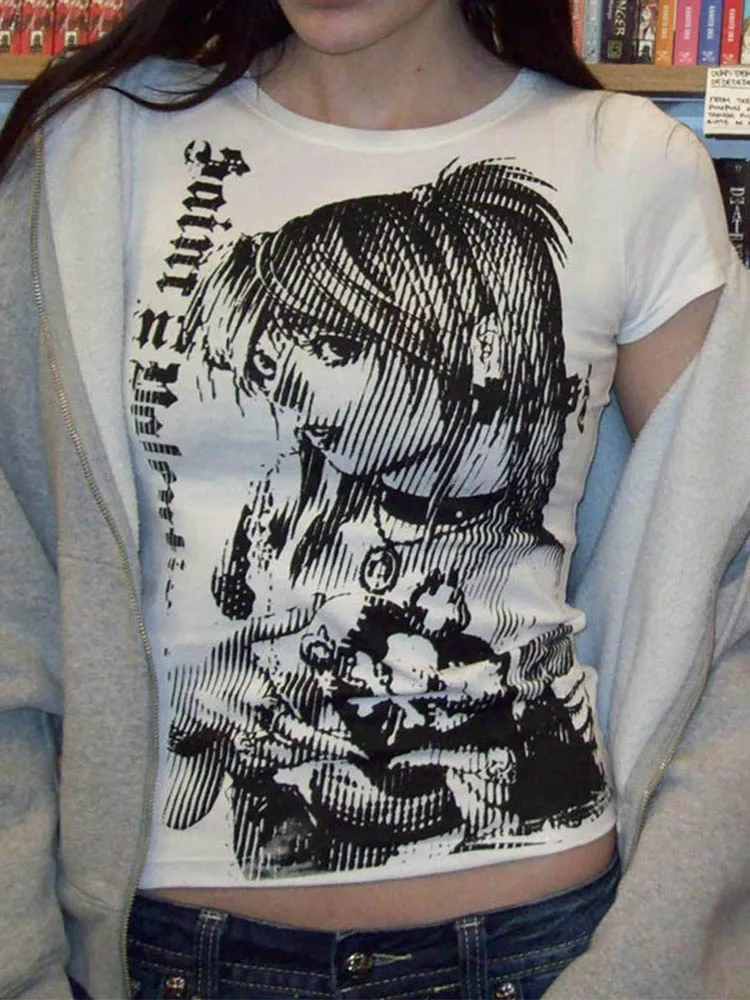 المرأة الجديدة Y2k أنيمي الشارع ارتداء س الرقبة 90s النص قميص مطبوع Harajuku ملابس نسائية بسيطة الرجعية Umbilized تي شيرت الجمالية ايمو