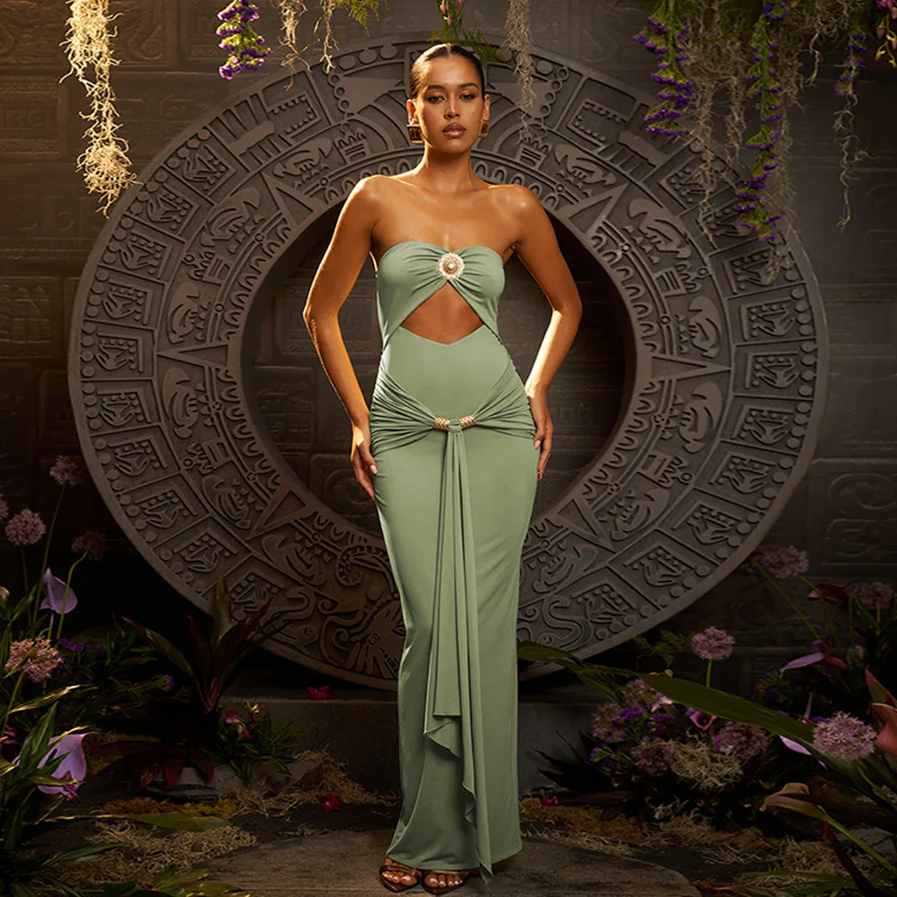 2025 Zomer Hot Pittige Hot Girl Stijl Sheer Strapless Jurk Elegante Effen Kleur Taille-Knipperende Jurk met Lint voor Feestkleding