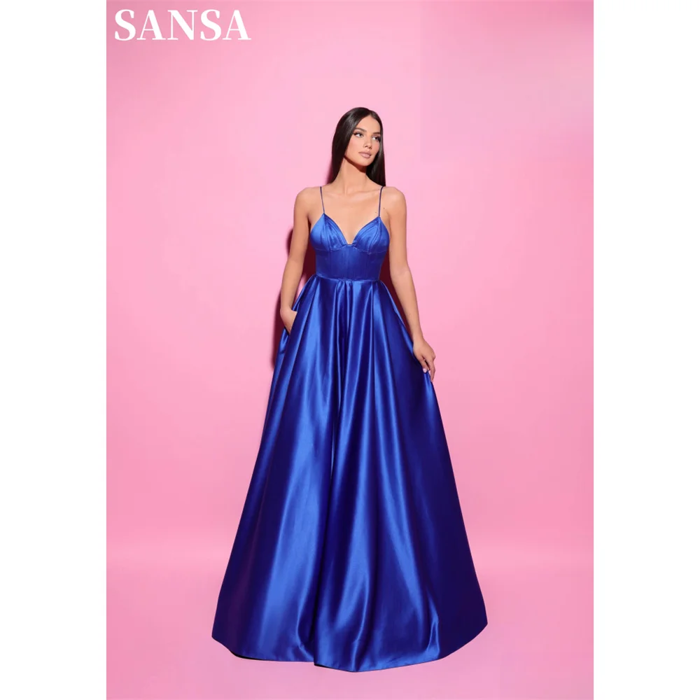 Sansa Simple Blue A-line Satin Evening Dress Strapless Floor-Length Wedding Dresses Spaghetti Strap Draped vestidos de fiesta