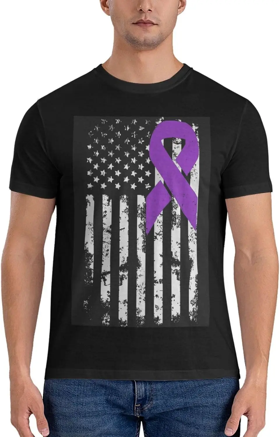 Lupus Awareness America Flag Purple Ribbon T-Shirt Vintage Short-Sleeve