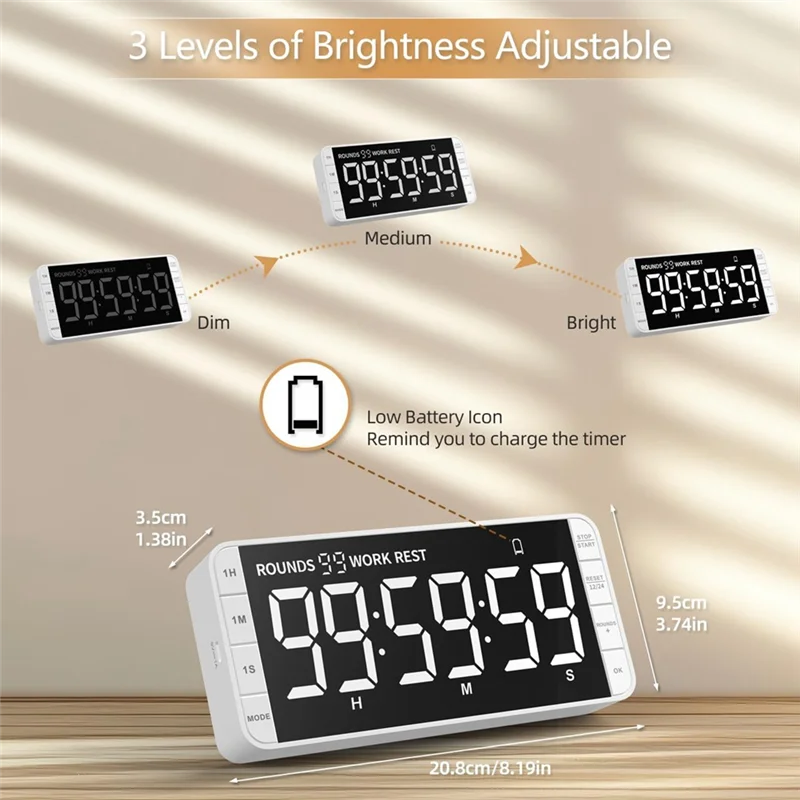 

ABZC-Gym Timer With 3 Brightness, 5 Alarms And 4 Volume Levels For Classroom For Home Gym Garage Boxing