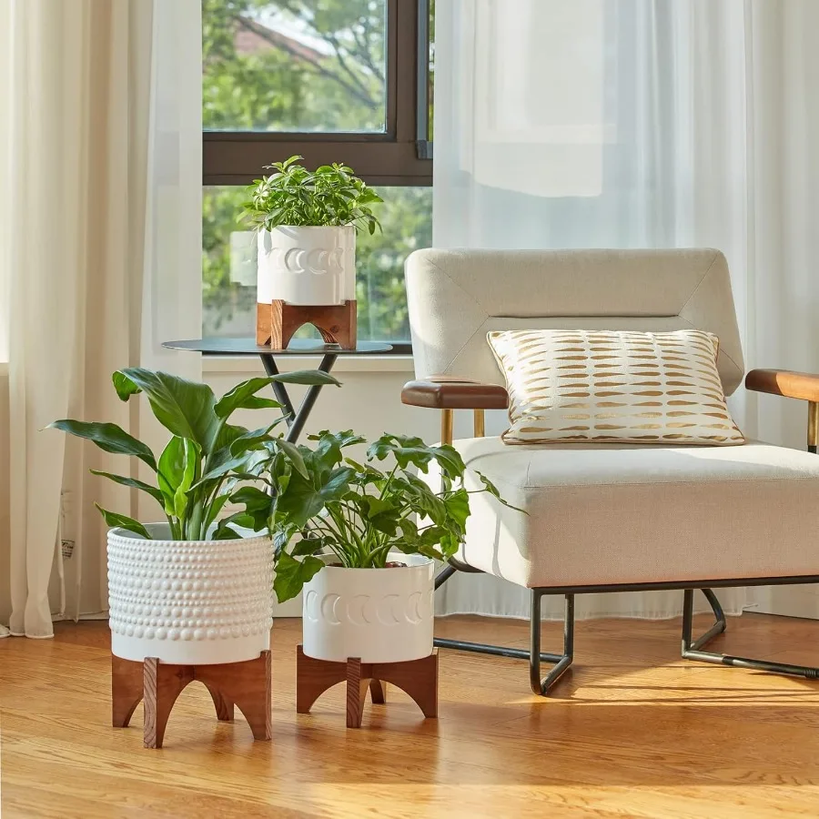 กระถางต้นไม้ic พร้อมขาตั้งไม้ - ดอกไม้ลาย Hobnail ทรงกระบอกสีขาวขนาด 8 นิ้ว