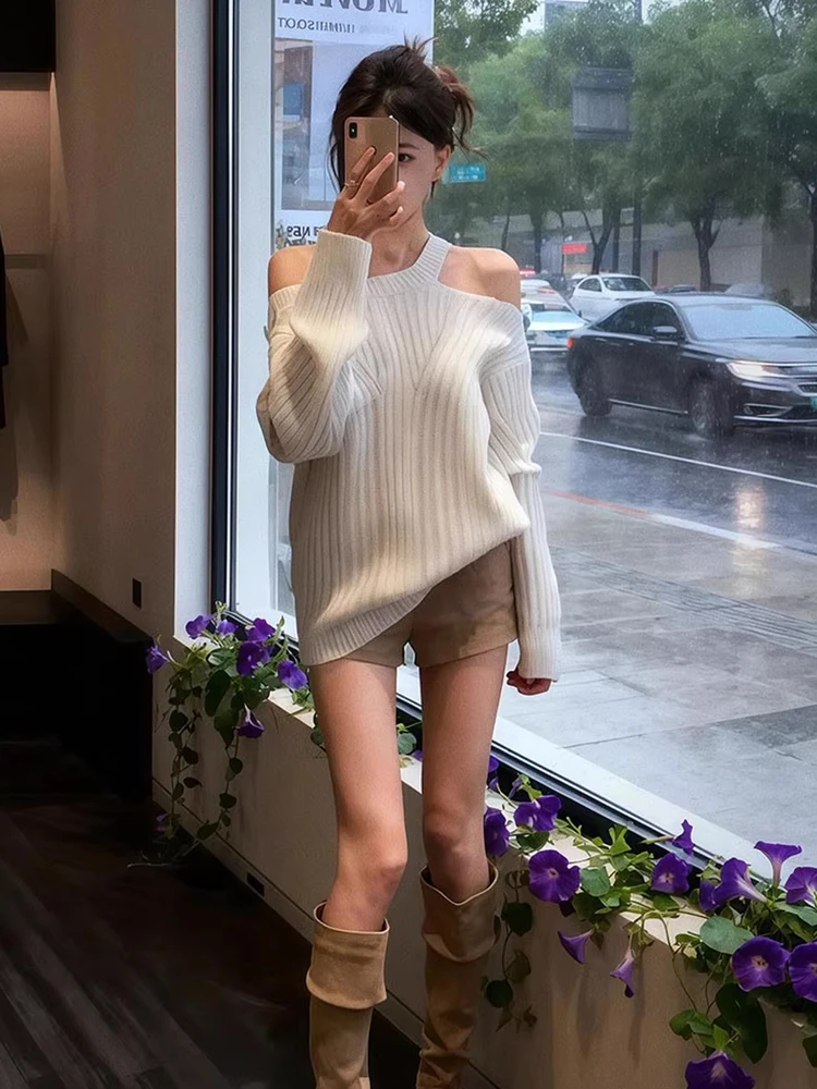 Ele White Off-oulder Knitted Sweater Nelace Women's Set Early Autumn Lazy Sle Polyester Fiber Long Sve Regular Fit
