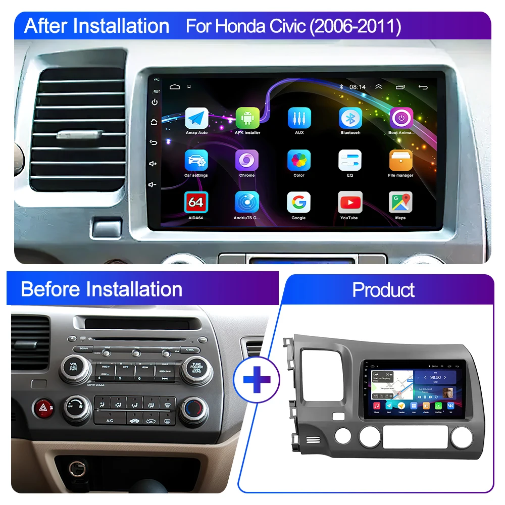 LEHX Pro AI Voice 4G LTE 2 Din Android 14 Car Radio Multimedia Video Player For Honda Civic 2006-2011 Autoradio Carplay GPS