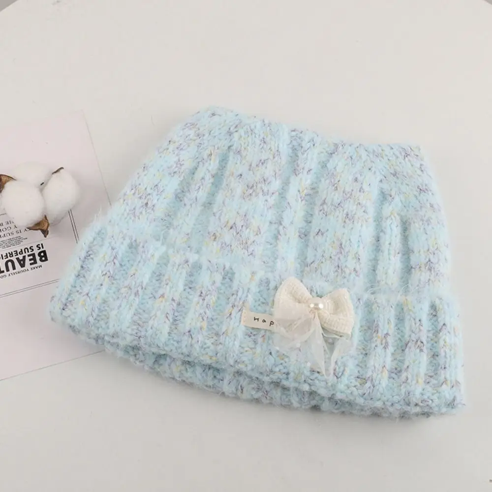 Stylish Polyester Cat Ear Beanie Hat Large Head Size Melange Yarn Knitted Winter Hat 56cm to 60cm Pearl Bow Hat Outdoor Use