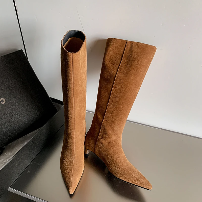 QUTAA 2027 Fashion Cow Suede Winter Women Knee High Boots Autumn High Heels Shoes Pointed Toe Pleated Dress Long Boots 34-41 view 3