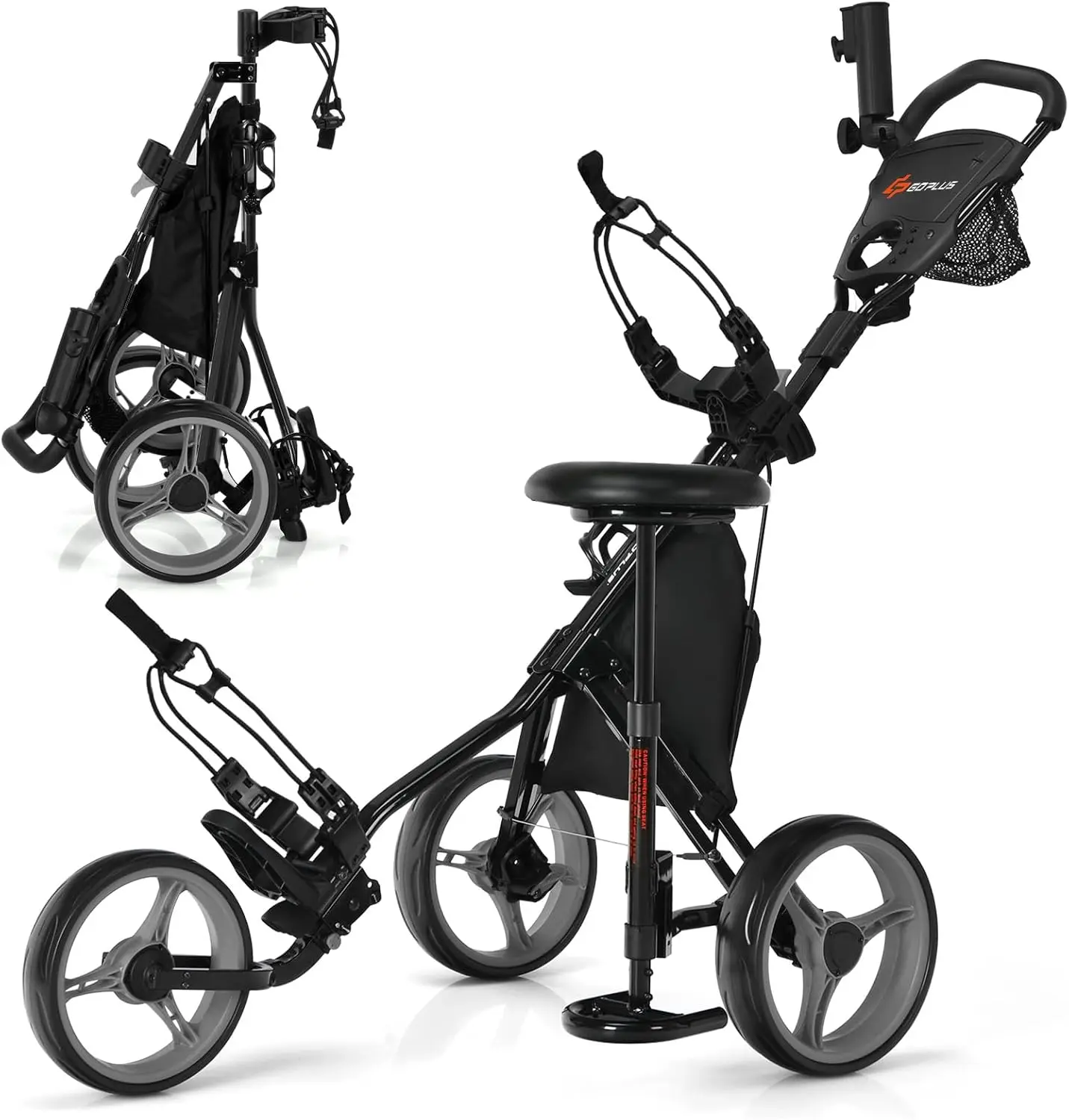 3 Wheel Golf Push Cart, Lightweight Foldable Caddy Cart w/Adjustable Seat, Handle, Umbrella Holder, Foot Brake