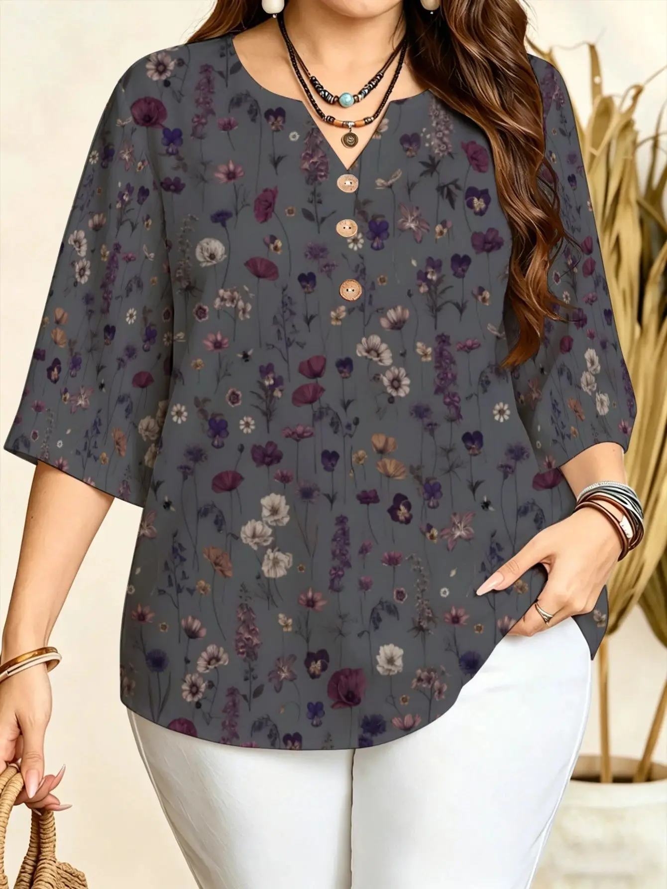 Women V Neck 3/4 Sleeve Blouse Doll Floral Embroidery Wildflower Geometric Color Block Abstract Wave Print Loose Casual Top
