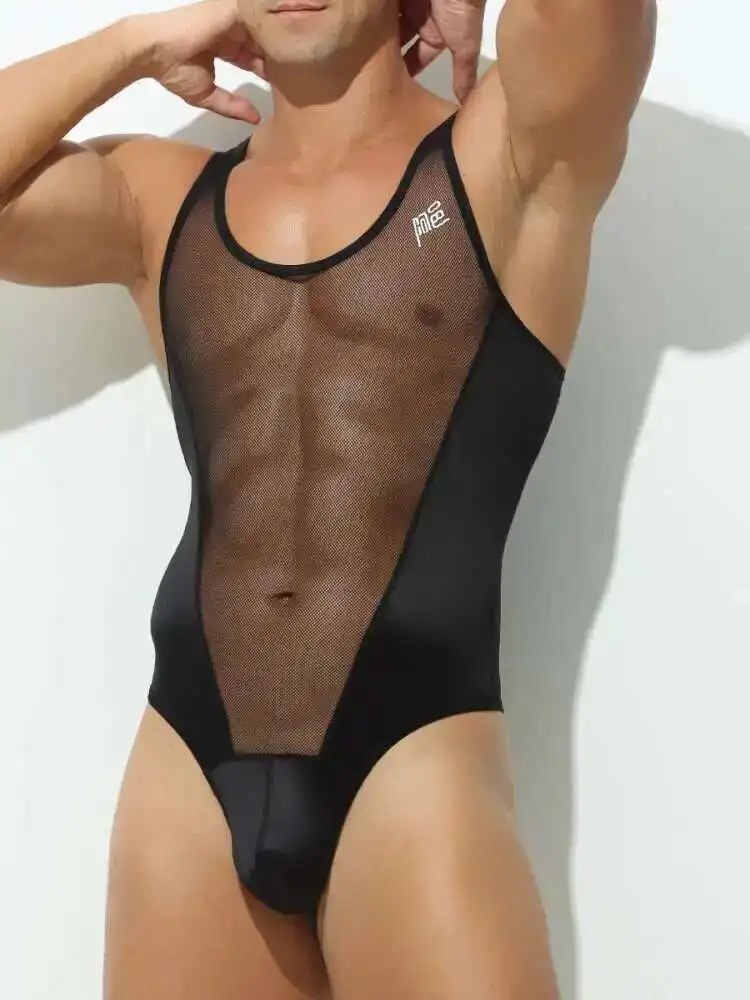 الصيف الأسود انظر من خلال مثير Bodycon Playsuit رومبير الرجال الساتان أكمام أزياء المنزل بذلة