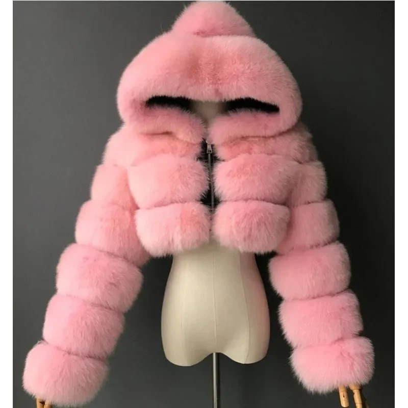 Short Hooded Retro Thickened Fur Coat A Cross-border Bestseller From Europe America, Waist-cinching Faux Fox Fur Coat for Women.