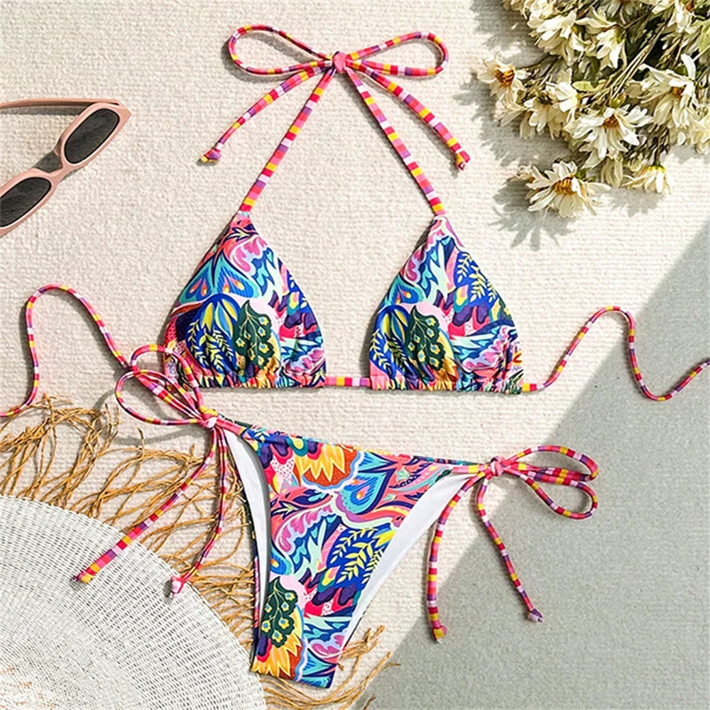 

Fashion Print Bikini Y2K Triangle String Backless Swimsuit Biquini Swimwear Bathing Suit Elegant Women Beach Outfit Bikinis Sets