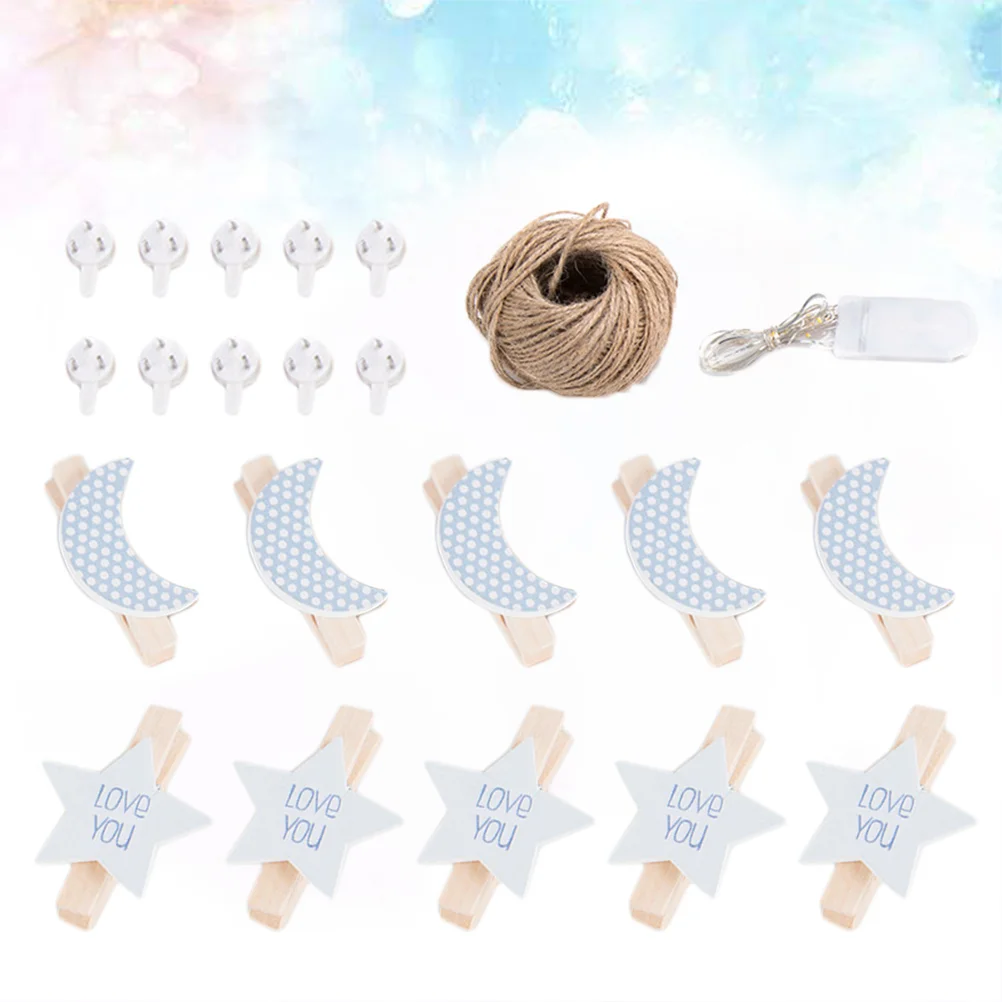 50Pcs Moon Clothespin Wooden Clips Photo Craft Clips with Twine Non-Mark Hooks String Light for Hanging Photos Decorat